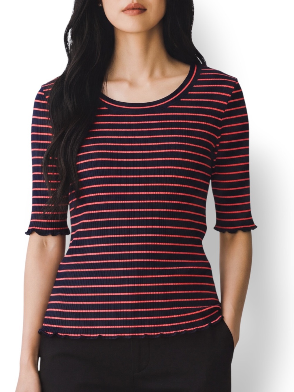 4/$20 Pure + Good Navy Red Striped Ribbed Elbow Sleeve Top Medium